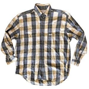 Classic  Guess By Georges Marciano Men's tan Plaid Denim blue Button Up Shirt M